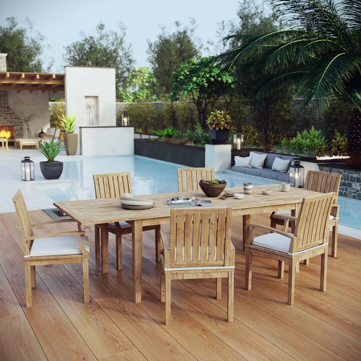 Modway EEI-3279-NAT-WHI-SET Marina Premium Grade A Teak Wood 7-Piece Outdoor Patio Dining Furniture Set, Six Armchair/One Table, Natural White