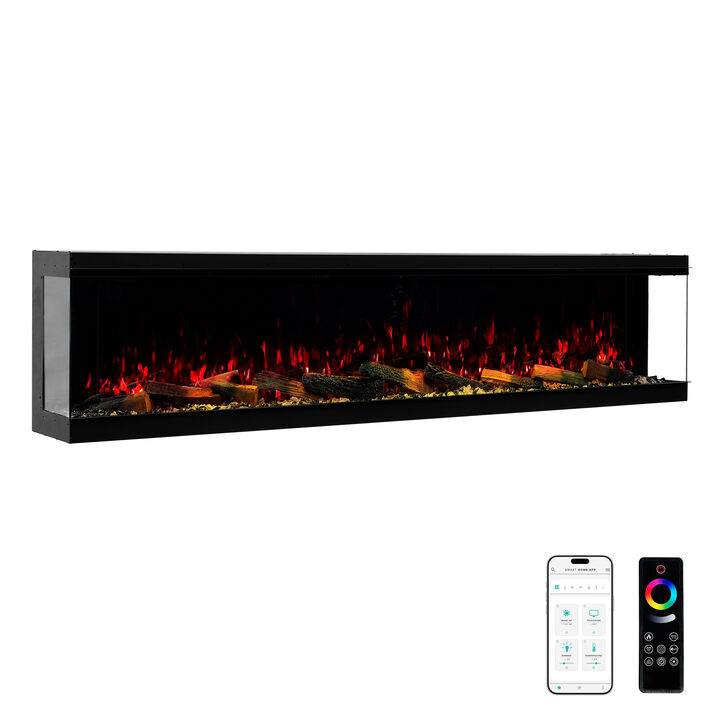 Mondawe Wall/Recessed Panoramic 88" Three-Sided Electric Fireplace With Multi-Color LED Flame and Smart Controls