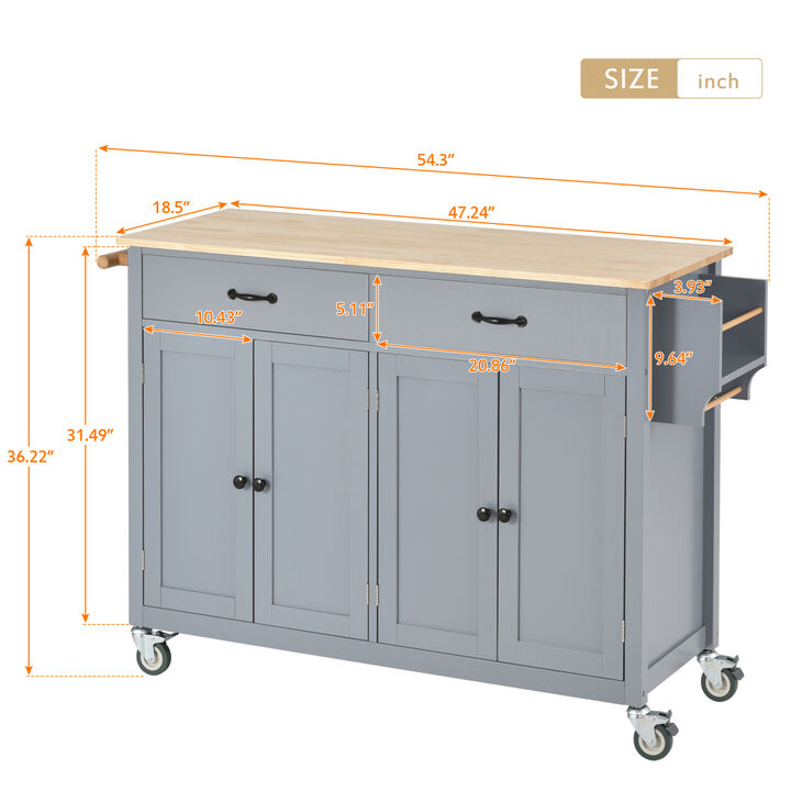Kitchen Island Cart with Solid Wood Top and Locking Wheels, 54.3 Inch Width, 4 Door Cabinet and Two Drawers, Spice Rack, Towel Rack (Grey Blue)