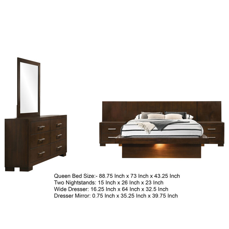 Bela 5 Piece Wall Panel Queen Bedroom Set, LED, Dark Brown