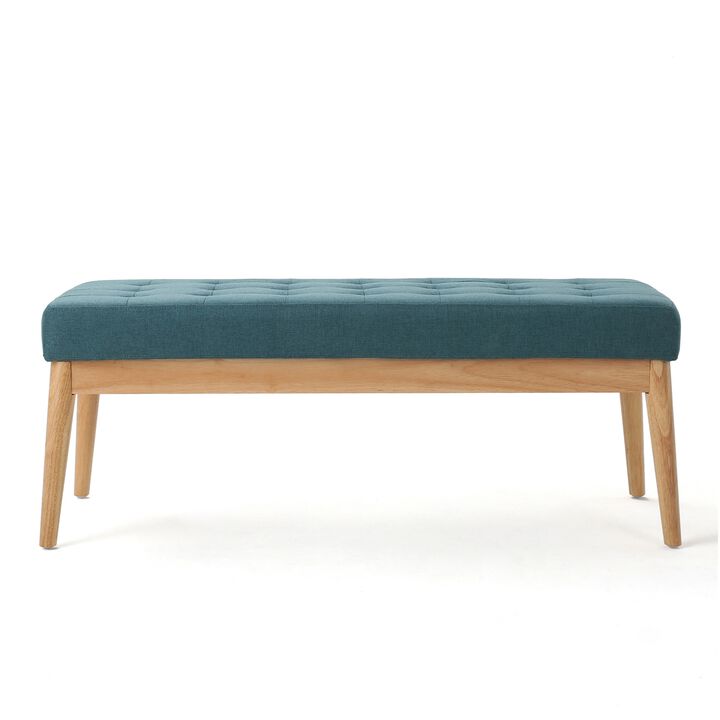Gisa Ottoman Bench, Teal Blue Fabric Tufted Seat, 44 Inch Brown Wood - Benzara