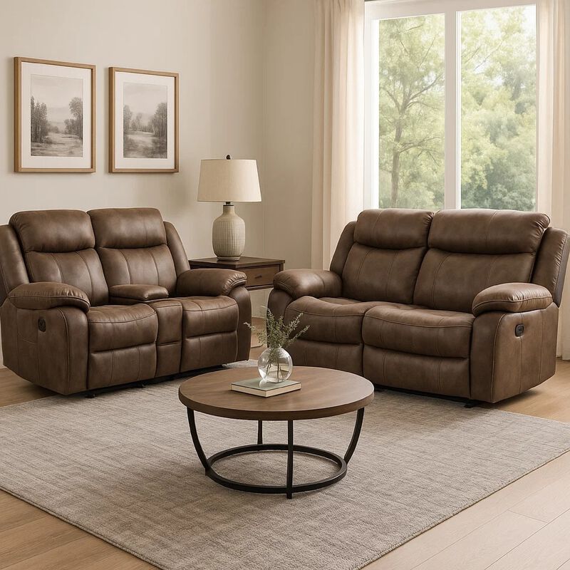 Arisa Sofa and Loveseat Manual Recliner Set, Brown Faux Leather, Drop Table image number 2