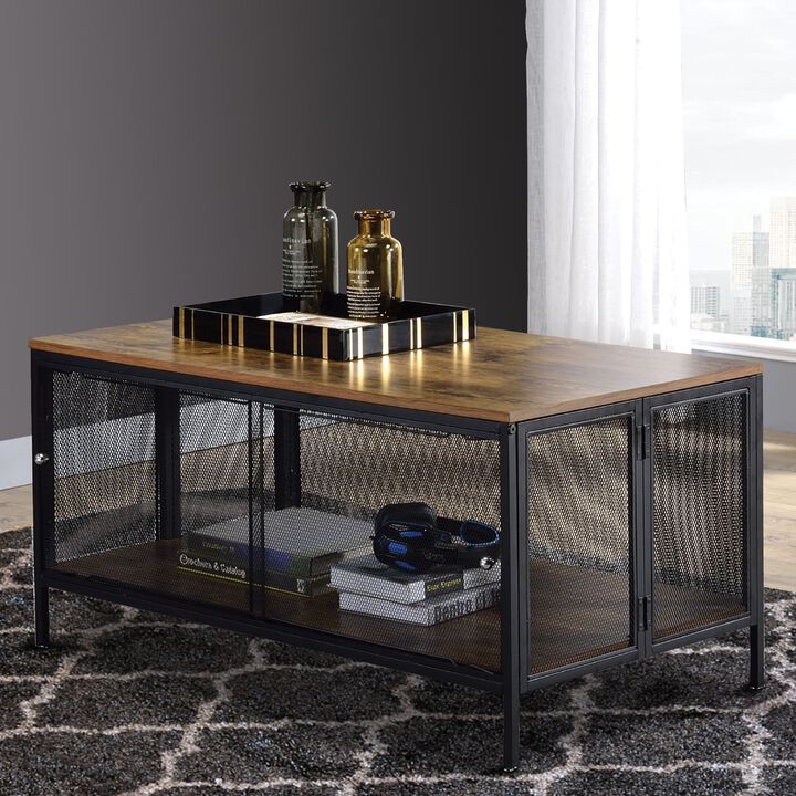 Metal Coffee Table with 1 Bottom Shelf and Mesh Design, Brown and Gray