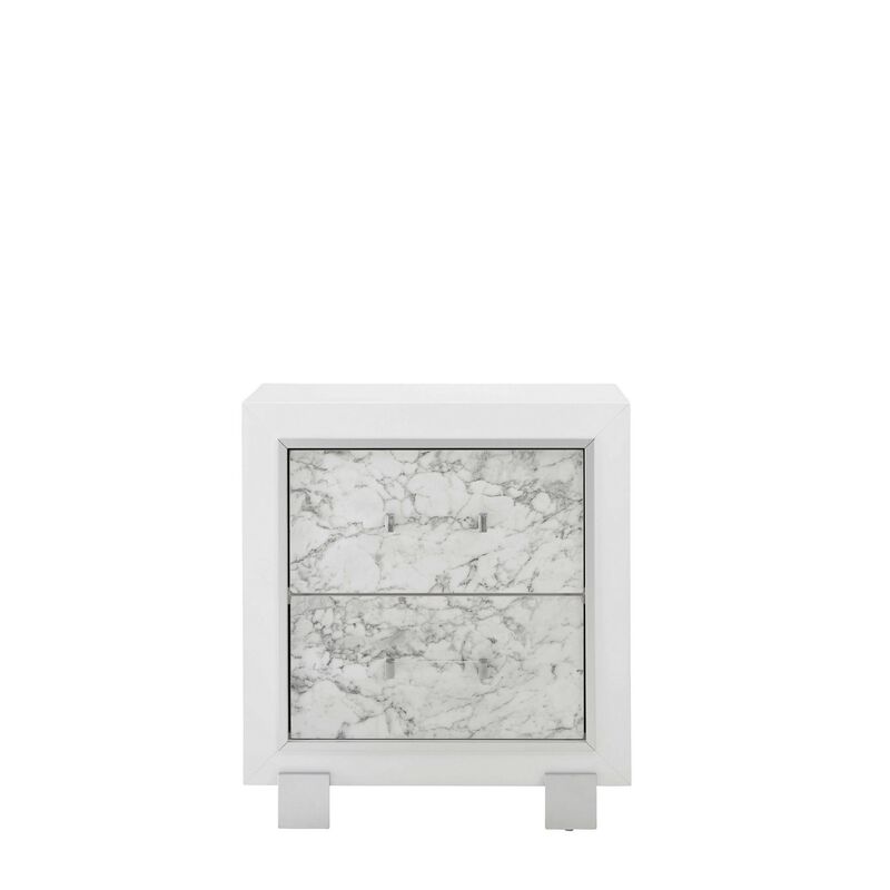 Modern Bedside Table with 2 Drawers and Decorative Faux Marble Front