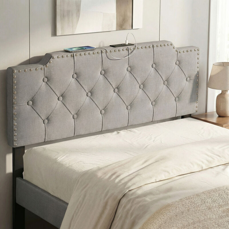 Queen Full Size Upholstered Headboard with Vertical Quilted Linen Fabric image number 5
