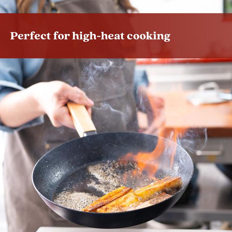 Alva Forest Carbon Steel Pan Pre-Seasoned with Natural Mineral Oil, Acacia Wood Stay Cool Handle Nonstick Frying Pan for Searing Steak, Non Toxic, Compatible with All Stovetops and Induction Safe