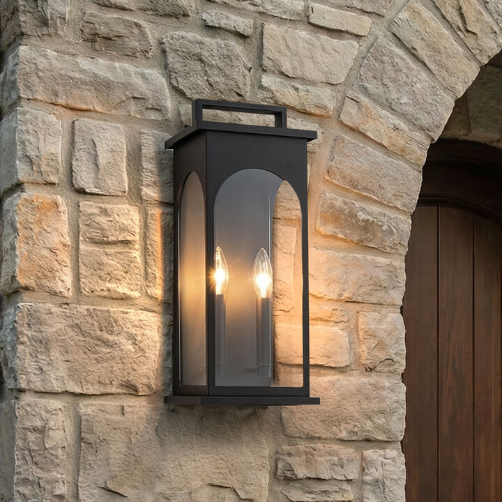 2-Light H19&rdquo; Outdoor Wall Lantern Large Black Exterior Wall Light with Clear Tempered Glass and Dusk to Dawn Sensor for Front Door, Garage & Entryway
