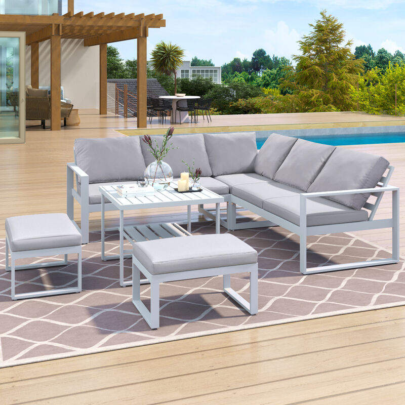 Industrial Style Outdoor Sofa Combination Set With 2 Love Sofa,1 Single Sofa,1 Table,2 Bench image number 1