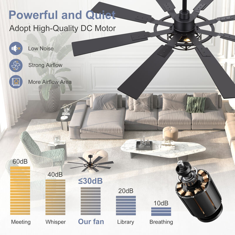 Breezary 52 in Traditional Ceiling Fan with Light,8 Blade Fan, E12 Dual Light Kit, Remote Control image number 3