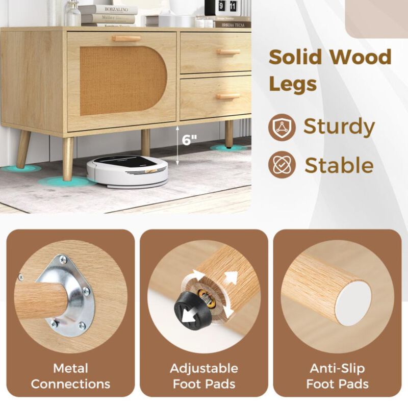 Hivvago Rattan TV Stand for 65-Inch TV with Drawers and Solid Wood Legs-Natural