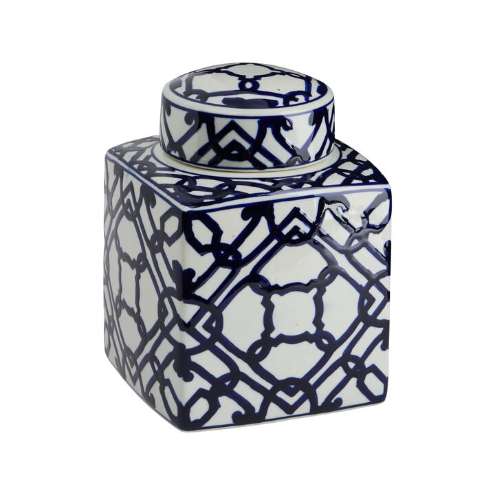 Decorative Square Ceramic Ginger Jar with Lid, Blue and White