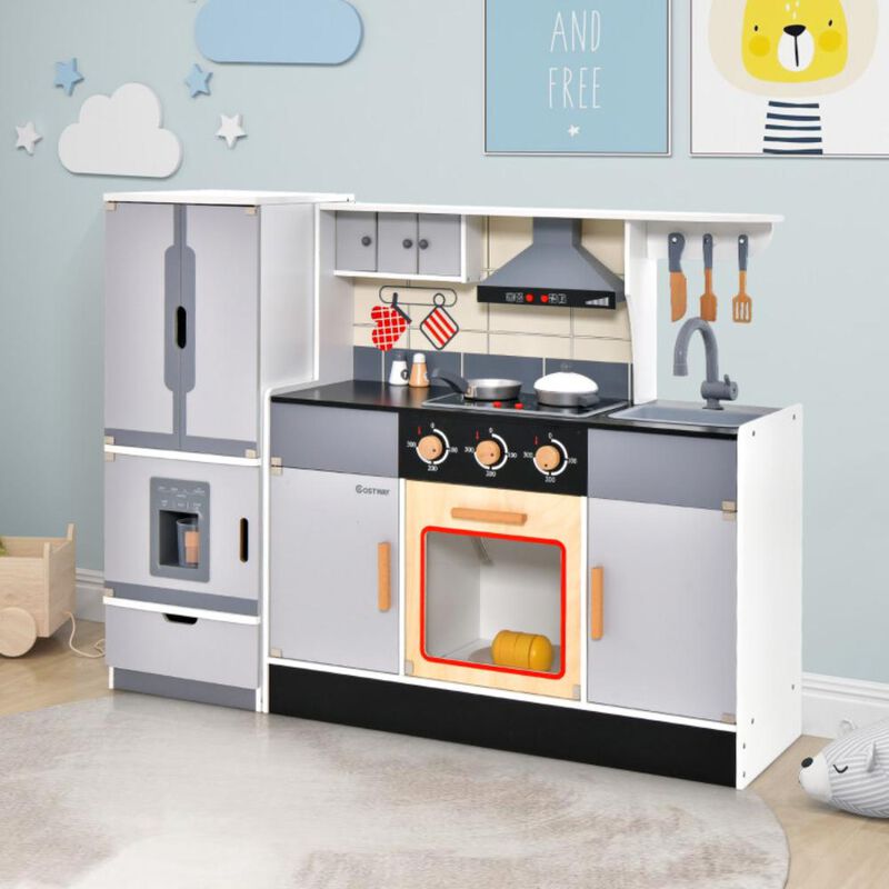 Hivvago Wooden Chef Play Kitchen and Refrigerator with Realistic Range Hood and Roaster