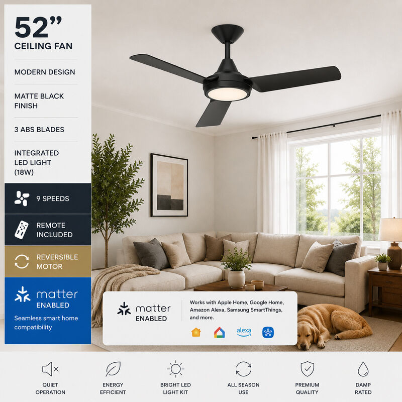 ENLIGHT 52" Smart DC Ceiling Fan with Light, Matter Smart Home Integration, CCT and Dimmable LED, 3 Blades, Damp/Outdoor Covered Rated image number 1