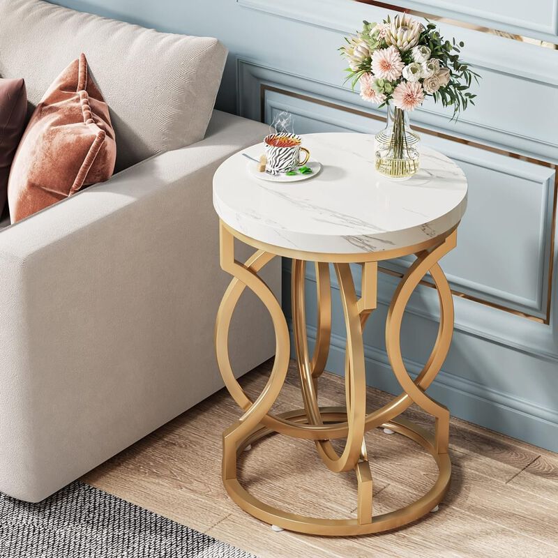 Tribesigns Round End Table, Modern Bedside Table with Faux Marble Top, Nightstand and Side Table for Living Room and Bedroom, Small Sofa Table with Curved Gold Metal Legs image number 2