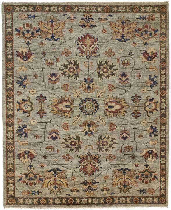 2 X 3 gray gold And Red Wool Floral Hand Knotted Stain Resistant Area Rug With Fringe