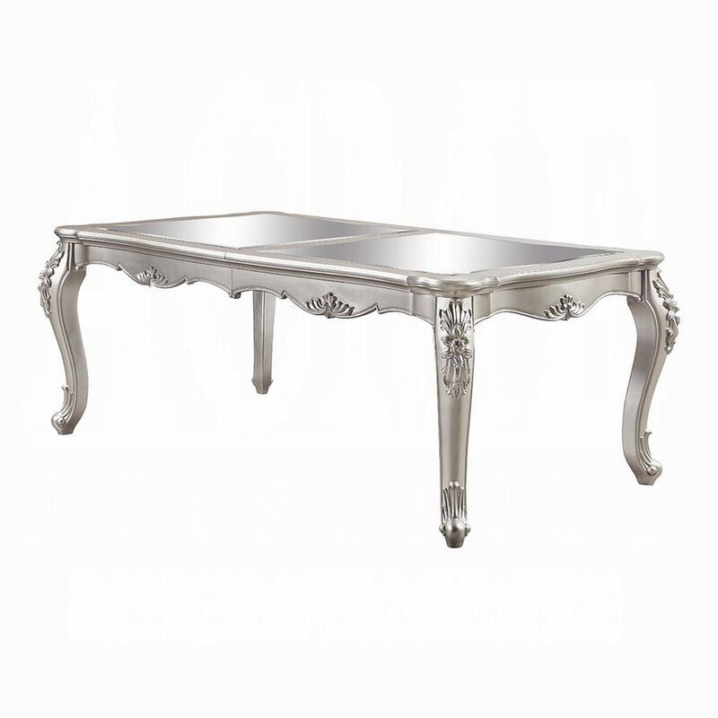 Bowe Dining Table, 80-96 Inch, Mirrored, Classic Champagne Silver Wood