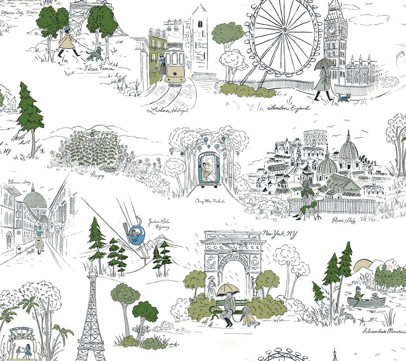 Travel Sketches Blue Globetrotter Premium Peel + Stick Wallpaper