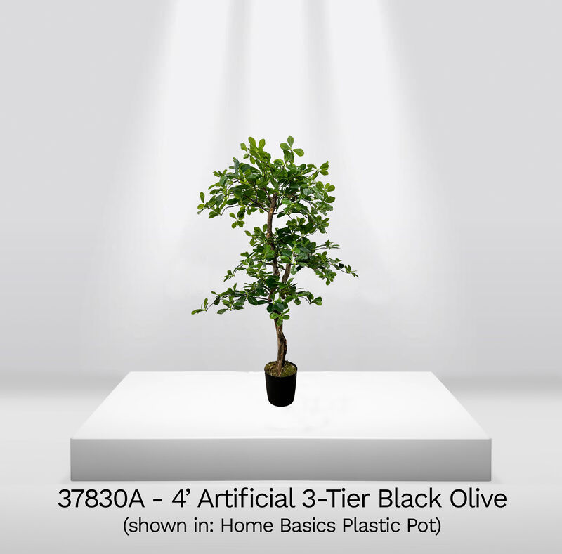 Handmade 4' Artificial 3-Tier Black Olive Tree In Home Basics Plastic Pot Made with Real Wood and Moss Accents