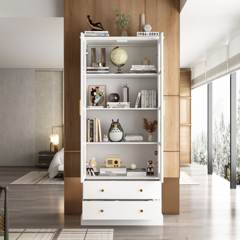 FUFU&GAGA Modern Bookcase with Glass Doors, 3 Fixed Shelves, and Spacious Drawers, Elegant Storage Cabinet for Living Room, Office, and Bedroom (70.1"H x 31.5"W x 15.4"D)