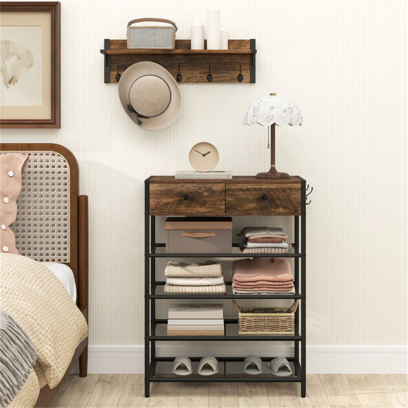 5 Hook Entryway Coat Rack with 2 Drawer Shoe Cabinet and 4 Mesh Shelves image number 4