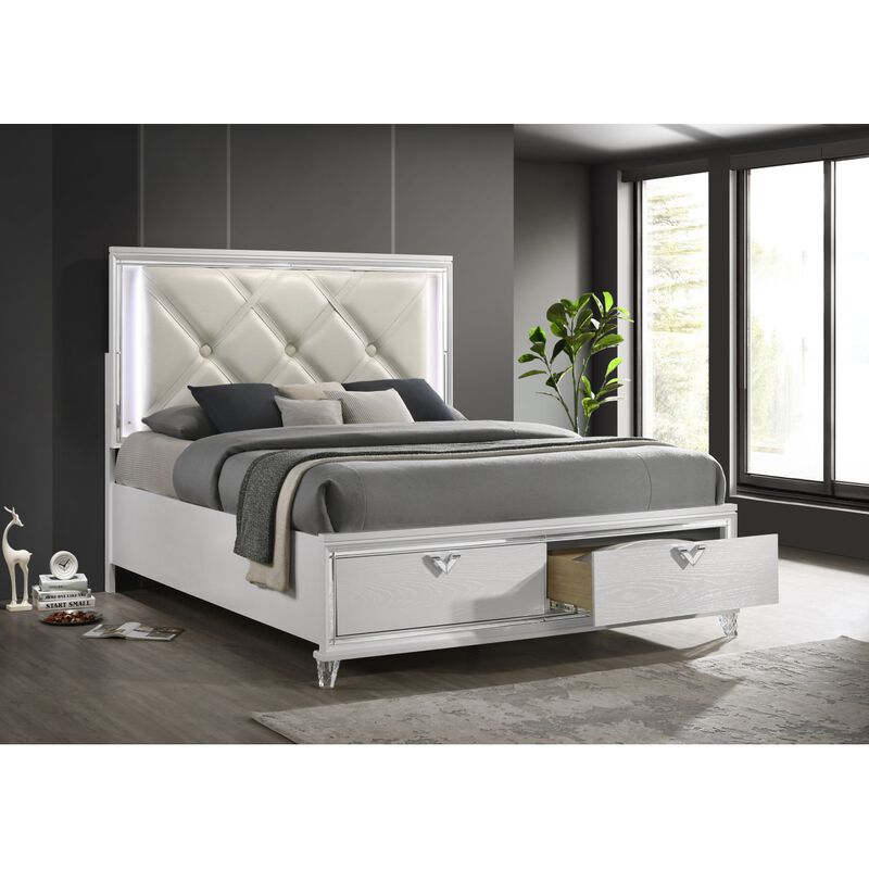 Prism Modern Style Queen LEDLit Bed with Padded Tufting 2Drawer Storage