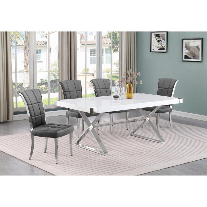 Best Quality Furniture 5pc Small(78) white wood top dining set with silver base and 4 chairs
