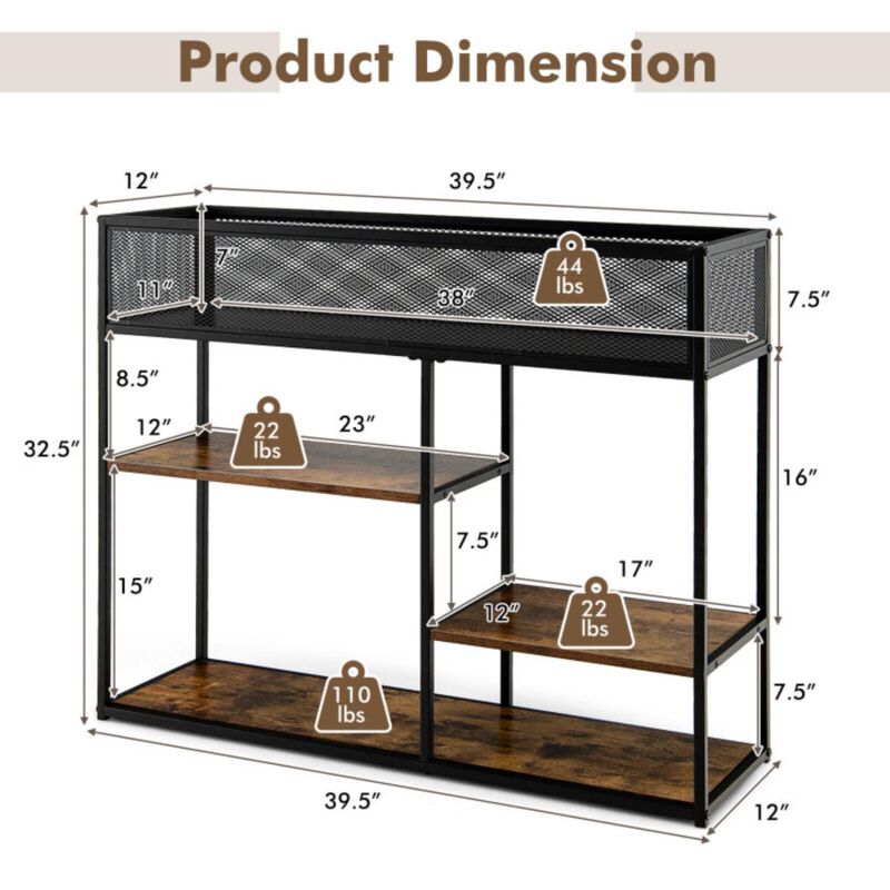 Hivvago 4-Tier Industrial Console Table with Wire Basket and shelf