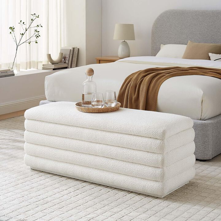 Modway Mezzo 46 Inch Boucle Fabric Upholstered Storage Bench in Cloud - Channel Tufted Ottoman for Bedroom, Entryway - Versatile Bed and Living Room Bench with Storage