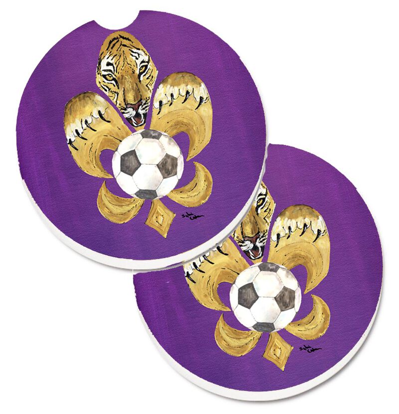 Caroline's Treasures Tiger Fleur De Lis Soccer Set of 2 Cup Holder Car Coasters 8477CARC, 2.56, Multicolor