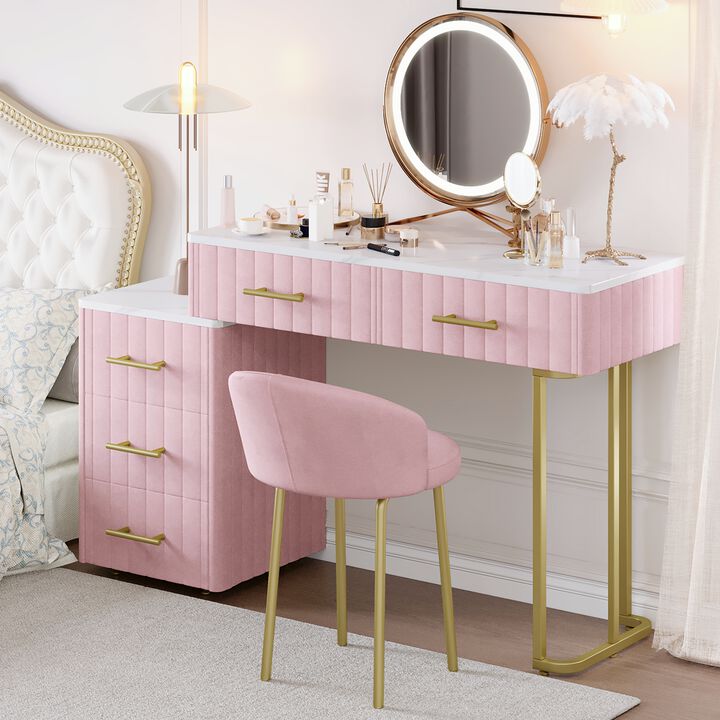 Merax Velvet Upholstered Vanity Set with Chair - Makeup Table with 5 Drawers & Marble-Top, Adjustable Left/Right Storage for Bedroom