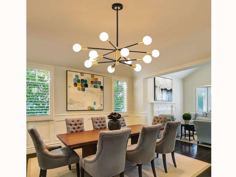 33" Gold & Black Sputnik Chandelier – 12-Light Mid-Century Fixture for Dining Room, Kitchen & Living Room