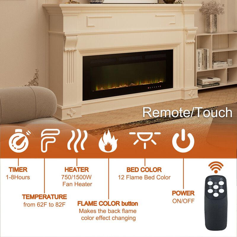 Black 42 in. Wall-Mounted Electric Fireplace with Logs & Crystals, Remote 1500/750W
