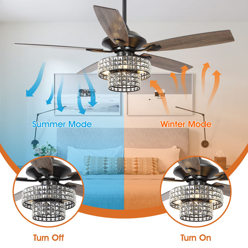52 in. Black Crystal Chandelier Ceiling Fan with Light and Remote