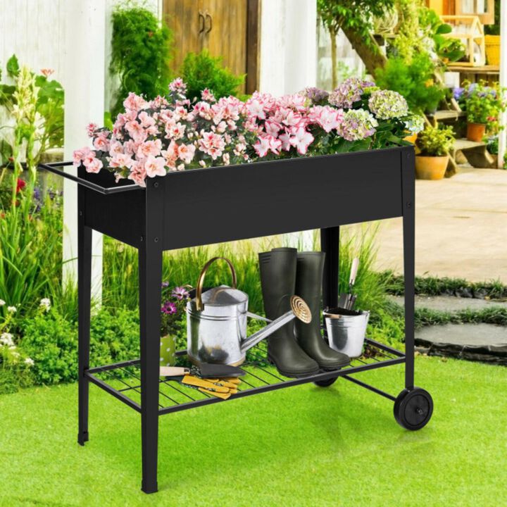 Hivvago Raised Garden Bed Elevated Planter Box on Wheels Steel Planter with Shelf-Black