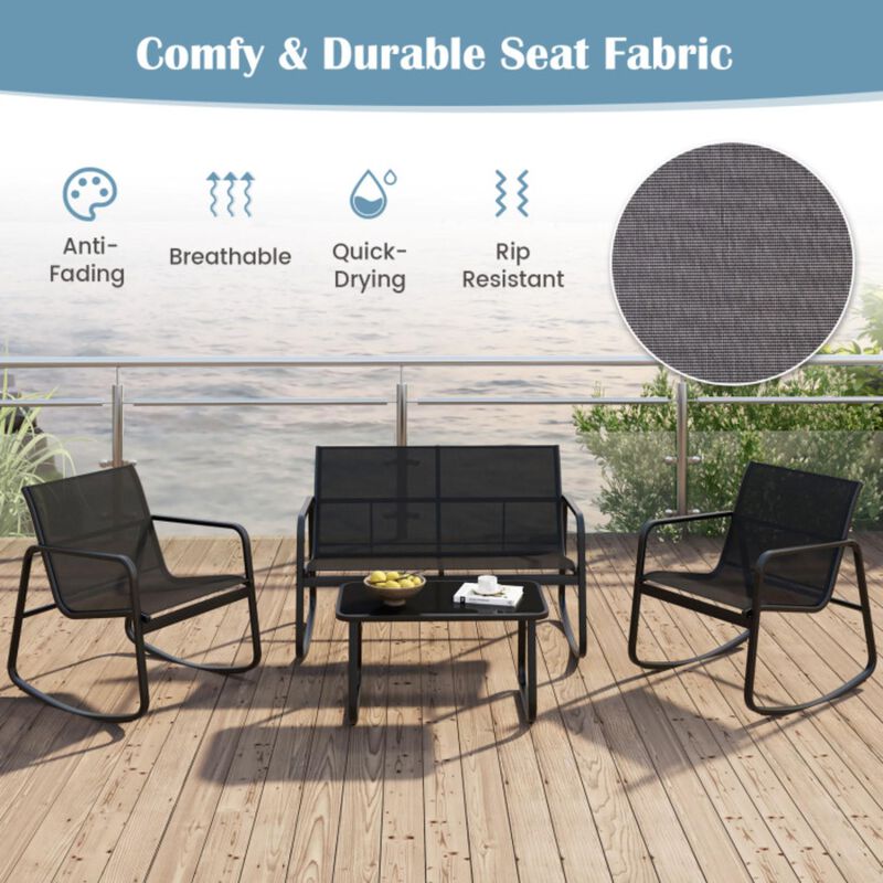 Hivvago 4 Piece Patio Rocking Set with Glass-Top Table-Black