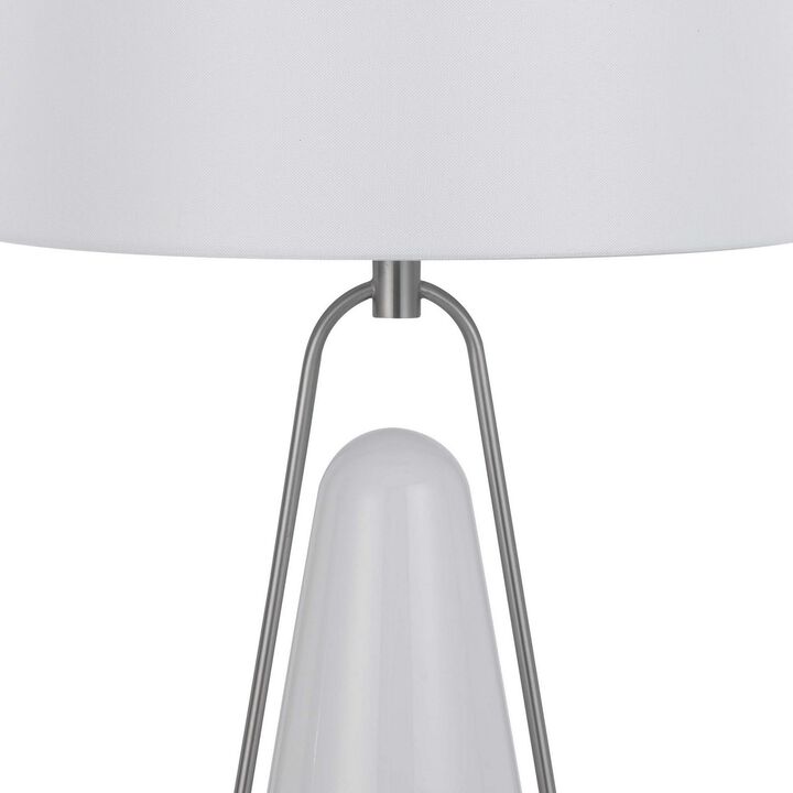 29 Inch Table Lamp, LED Lit, White Drum Hardback, Silver Metal and Glass - Benzara