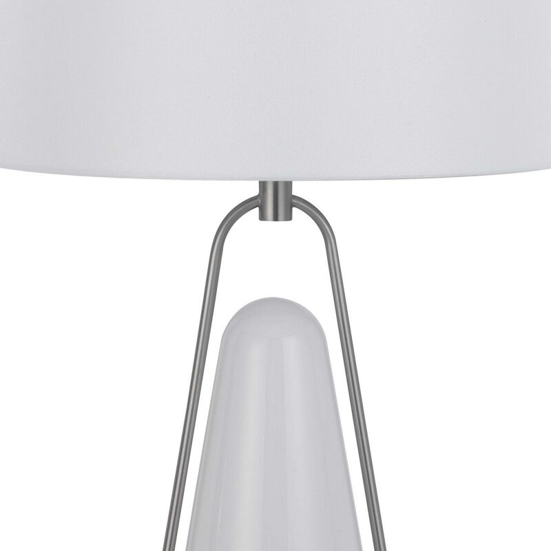 29 Inch Table Lamp, LED Lit, White Drum Hardback, Silver Metal and Glass - Benzara