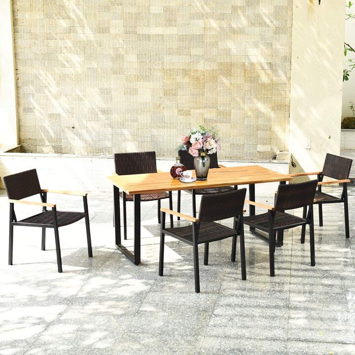 Patented 7 Pieces Outdoor Dining Set with Large Acacia Wood Table Top