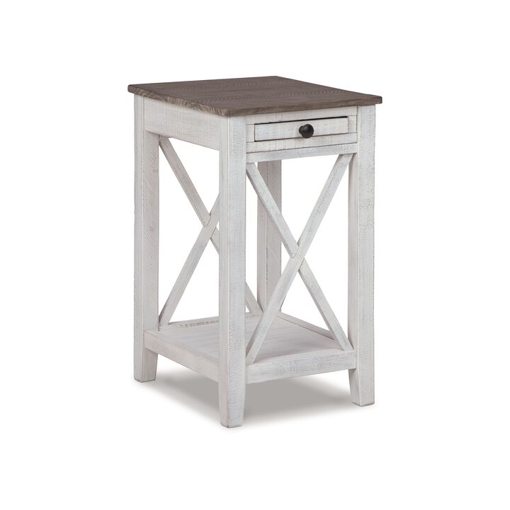 Accent Table, 1 Drawer and Shelf, USB Ports, 25 Inch White Solid Wood