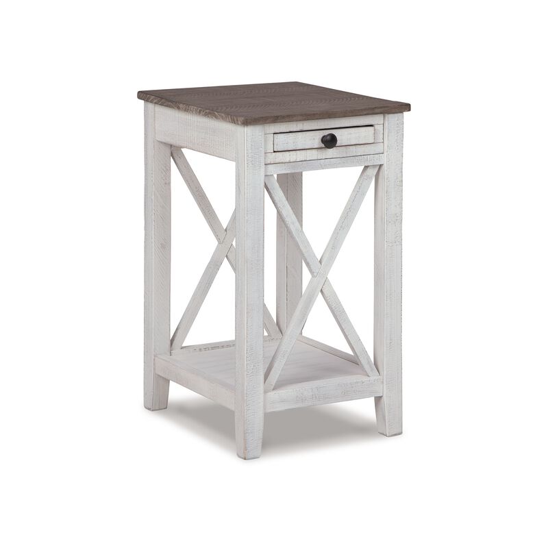 Accent Table, 1 Drawer and Shelf, USB Ports, 25 Inch White Solid Wood