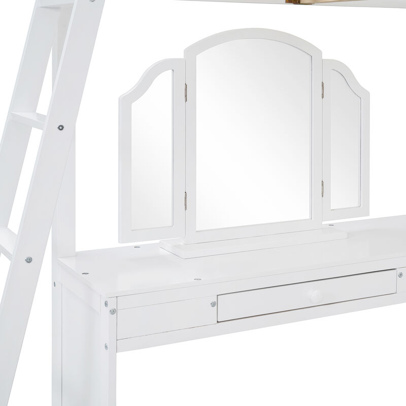 Merax Loft Bed with U-shaped Desk and Tri-fold Mirror