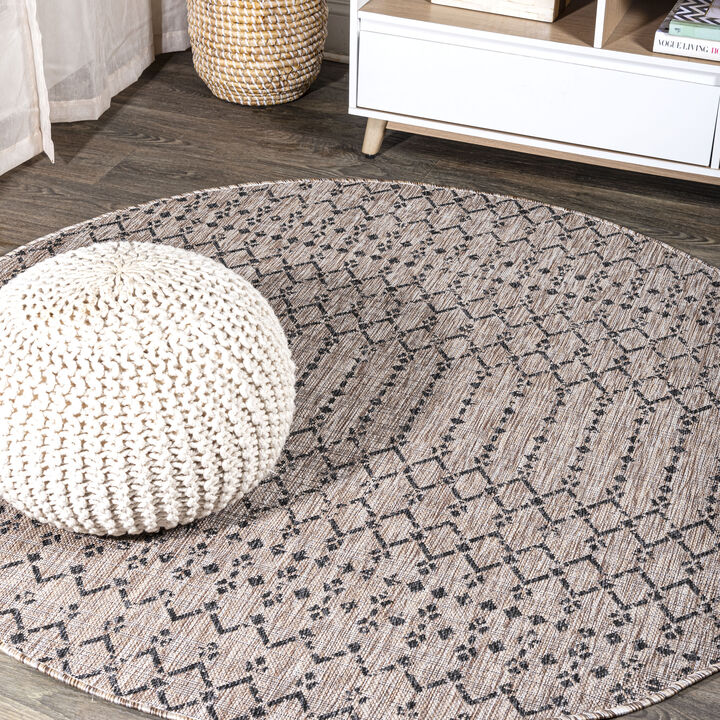 Ourika Moroccan Geometric Textured Weave Round Indoor/Outdoor Area Rug