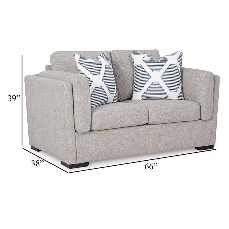 Marcy Loveseat with Arm Bolster Pillows, Pewter Gray Polyester 66 Inch - Benzara