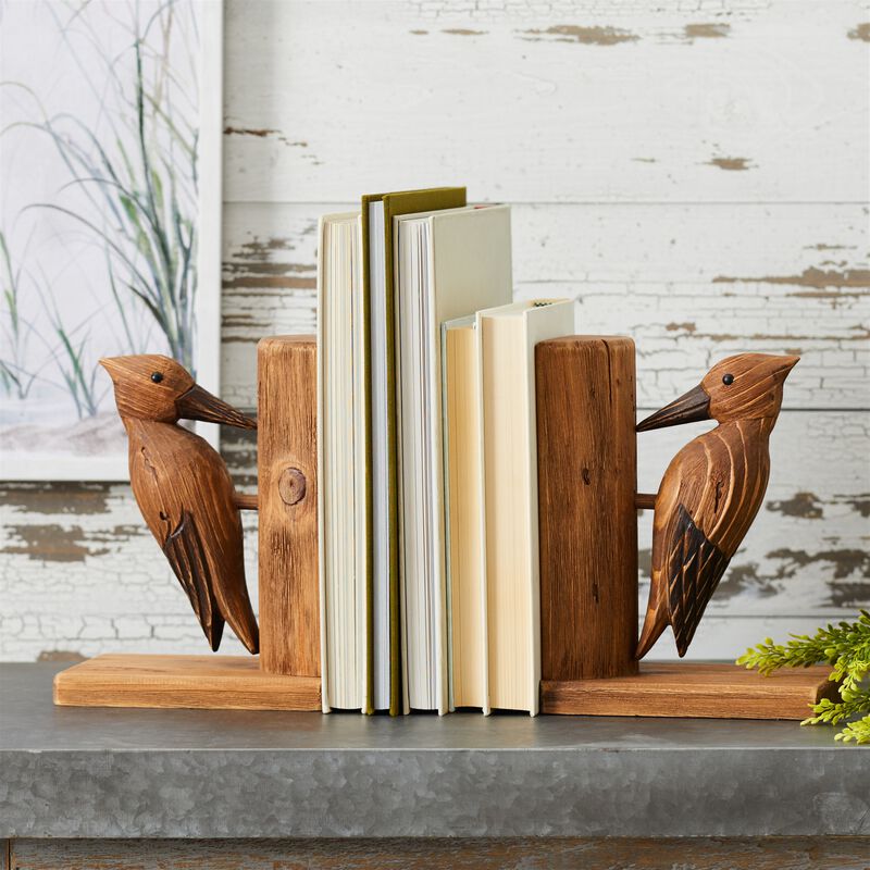 Set of 2 Pine Wood Woodpecker Bookends for Rustic Bookshelf or Desk Decor