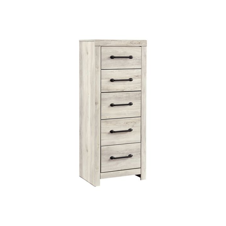 Grained 5 Drawer Wooden Chest with Bar Pull Handles, Distressed White-Benzara