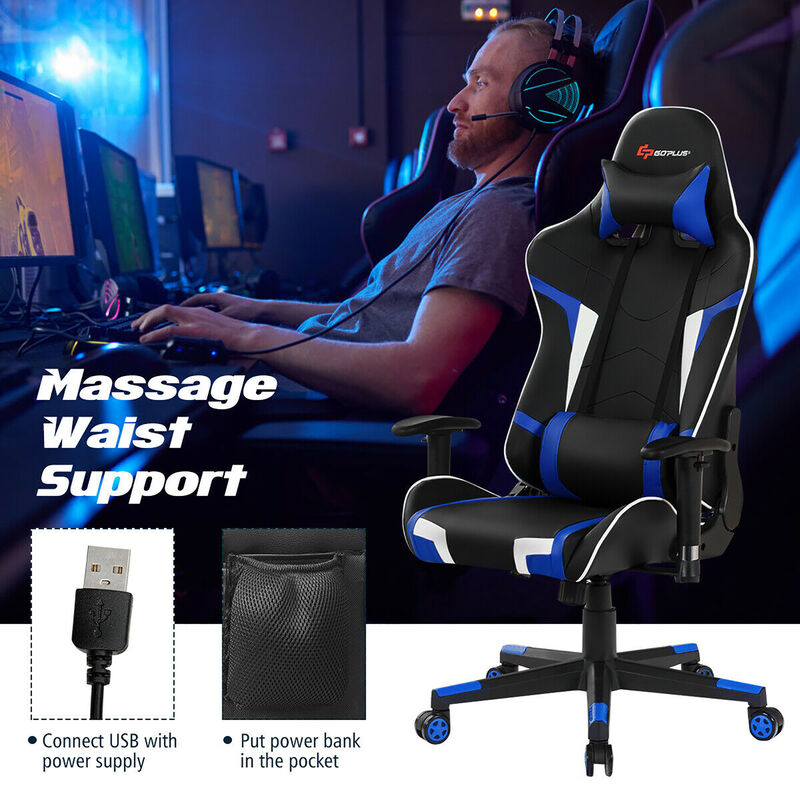 Goplus Massage Gaming Chair Reclining Swivel Racing Office Chair w/Lumbar Support Blue