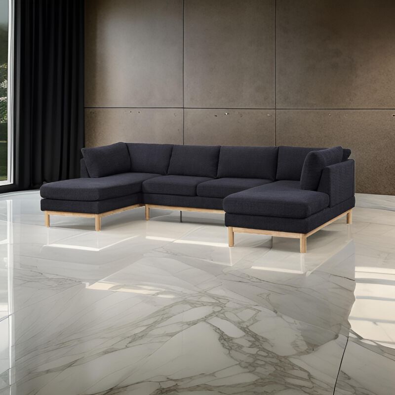 Hle 124 Inch Wide Sectional Sofa Double Chaise, U Shape, Black Sherpa, Wood