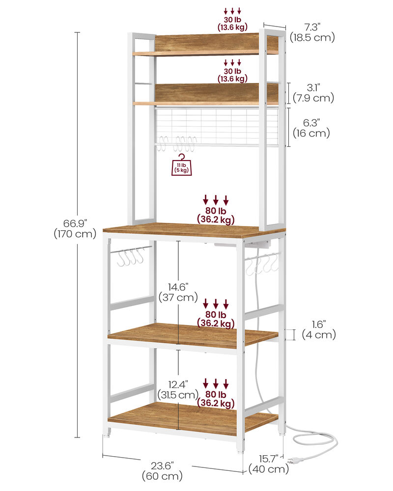 Bakers Rack with Hutch and Power Outlet for Kitchen Storage and Appliance Charging