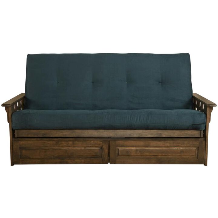 Tacoma Frame-Rustic Walnut Finish-Suede Navy Mattress-Storage Drawers