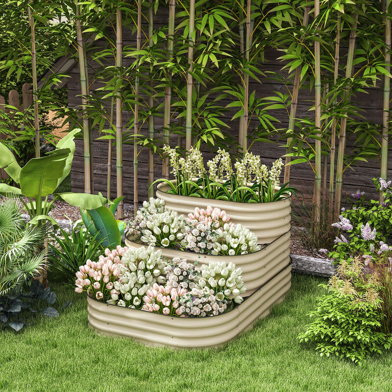 Outsunny 3-Tier Galvanized Steel Raised Garden Bed Kit, 62.25" x 43" x 32.25", 3 Combining Planter Boxes with Rubber Strip Edging, Open Bottom for Backyard, Garden, Patio, Cream White